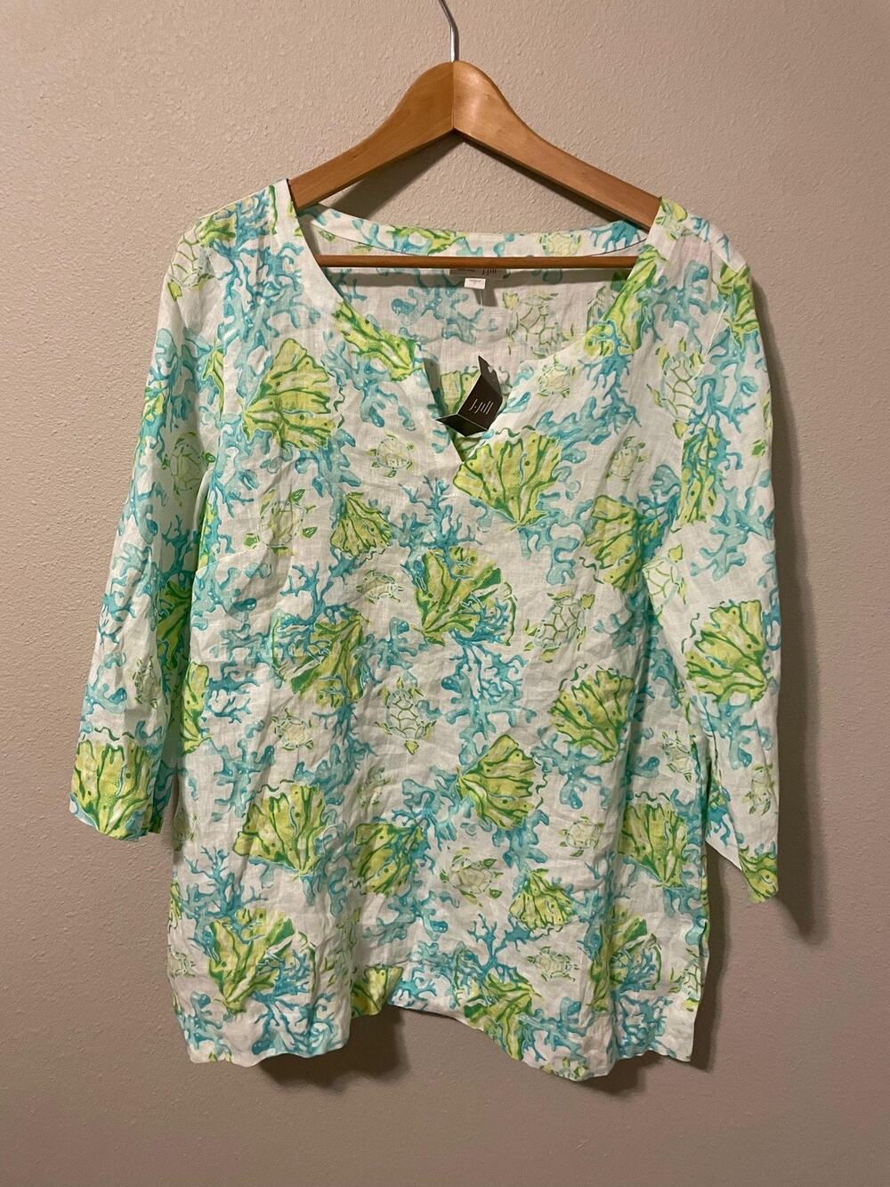 J. Jill Love Linen Tunic Top Womens Large Sea Turtle Coral Print NWT MSRP $79